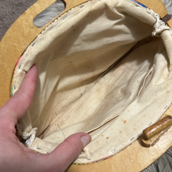 Vintage Woven Clutch-Made in Hong Kong-Wooden Top Closure-Rainbow Exterior - Picture 12 of 17